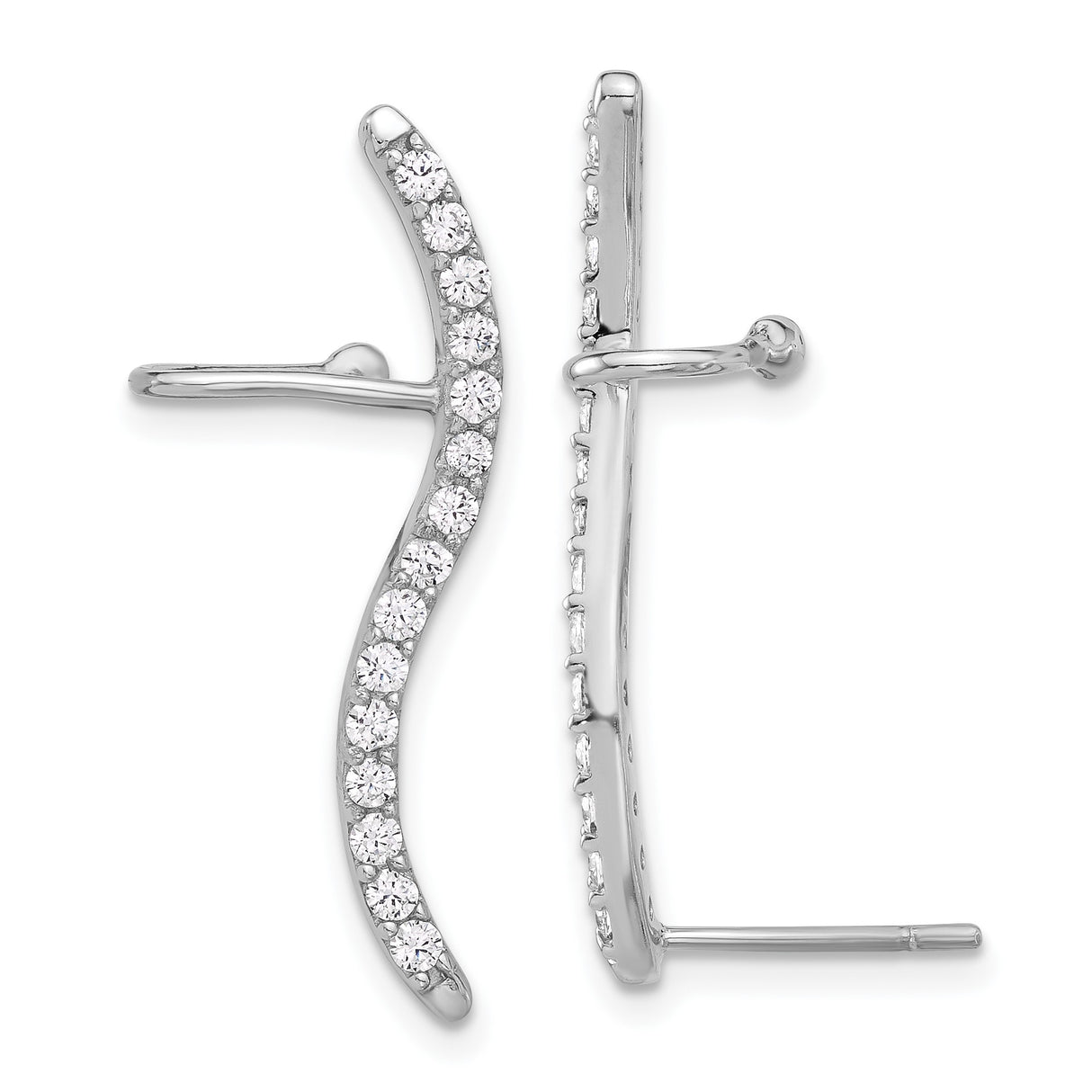 Sterling Silver Curved Bar Earrings with Cubic Zirconia, Wave Design Ear Climbers for Women
