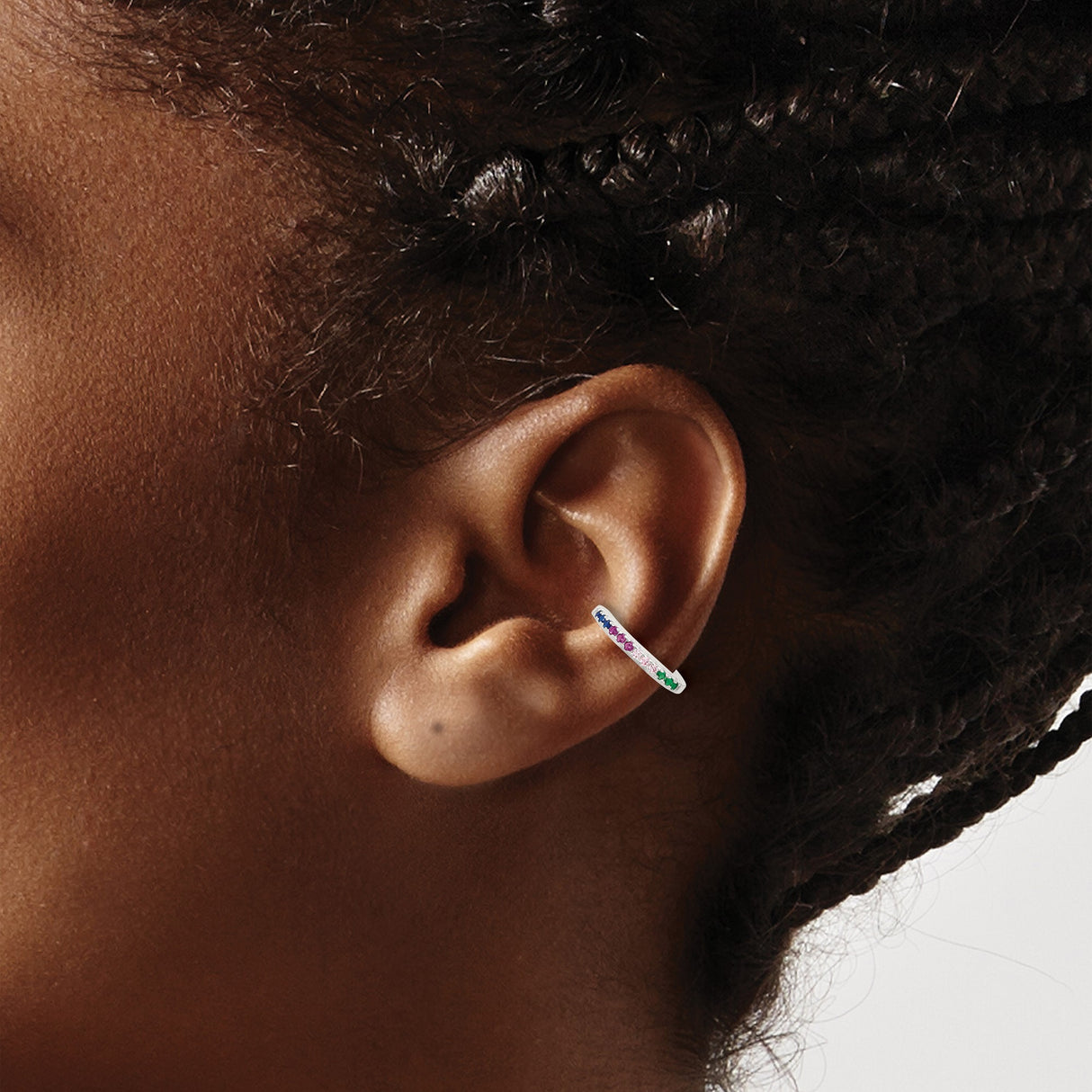 Sterling Silver Ear Cuff with Rainbow Cubic Zirconia, Non-Pierced Clip-On Cartilage Earring