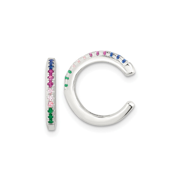 Sterling Silver Ear Cuff with Rainbow Cubic Zirconia, Non-Pierced Clip-On Cartilage Earring