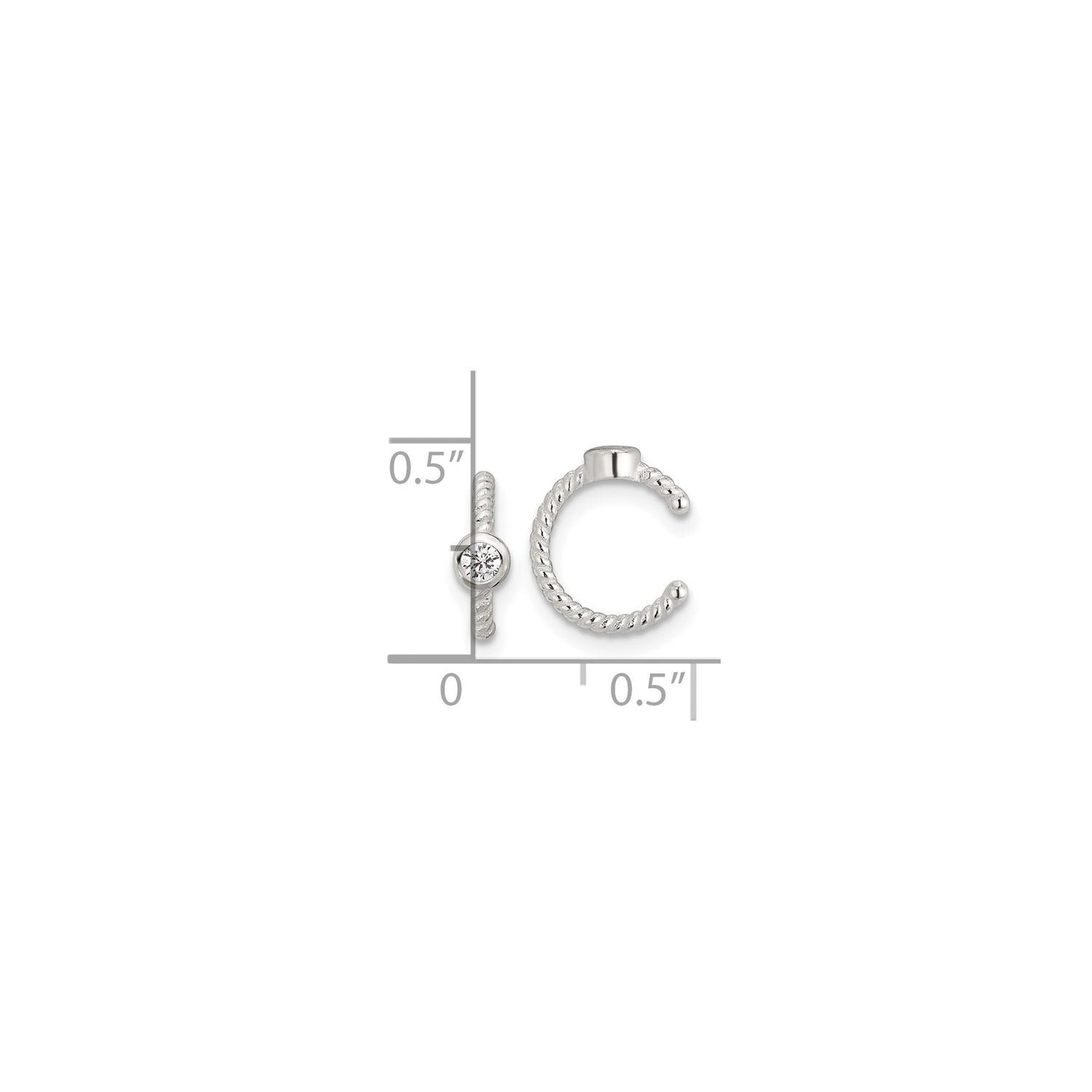Sterling Silver Ear Cuff with Cubic Zirconia, Twisted Rope Design, Non-Pierced Minimalist Style