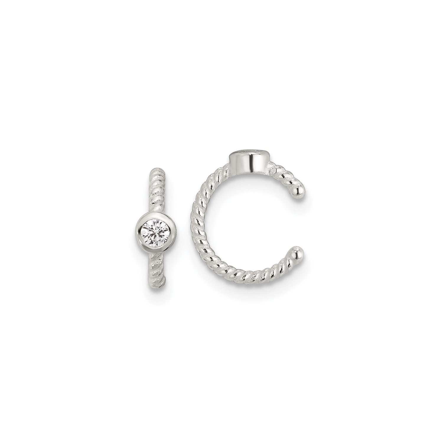 Sterling Silver Ear Cuff with Cubic Zirconia, Twisted Rope Design, Non-Pierced Minimalist Style