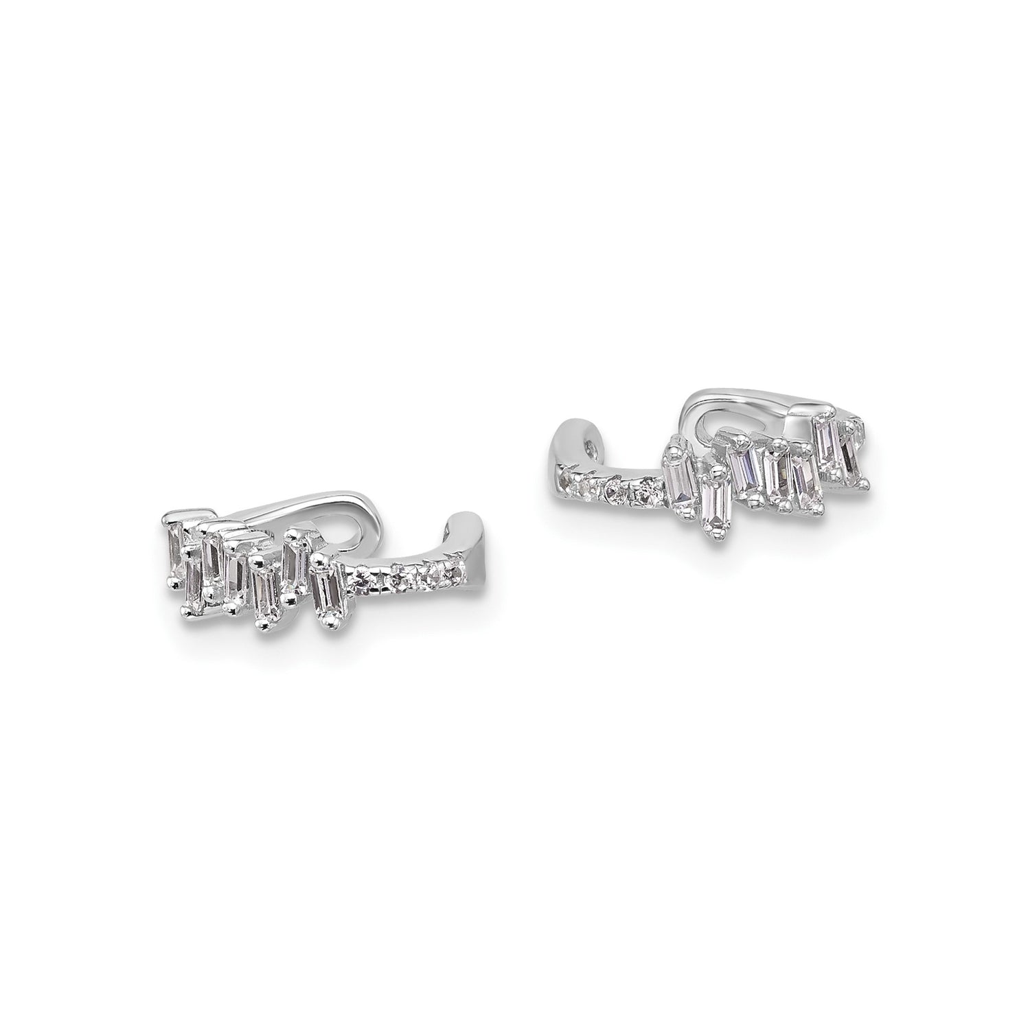 Sterling Silver Ear Cuff Set with Cubic Zirconia Baguette Stones, Asymmetrical Modern Design