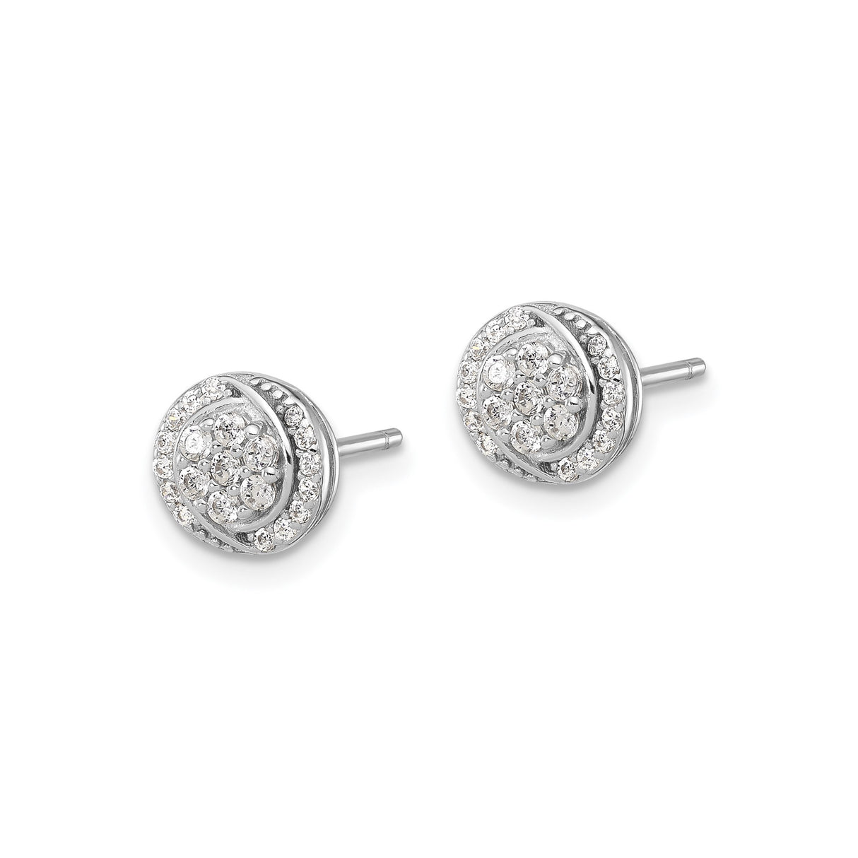 Sterling Silver Stud Earrings with Cubic Zirconia, Swirling Halo Round Cluster Design
