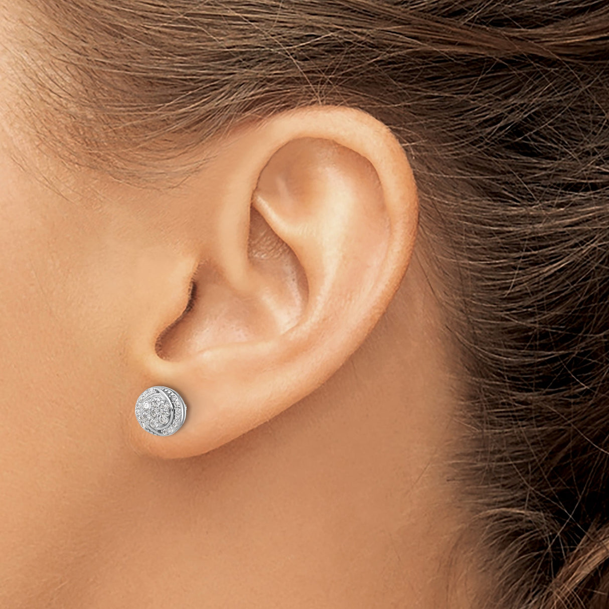 Sterling Silver Stud Earrings with Cubic Zirconia, Swirling Halo Round Cluster Design