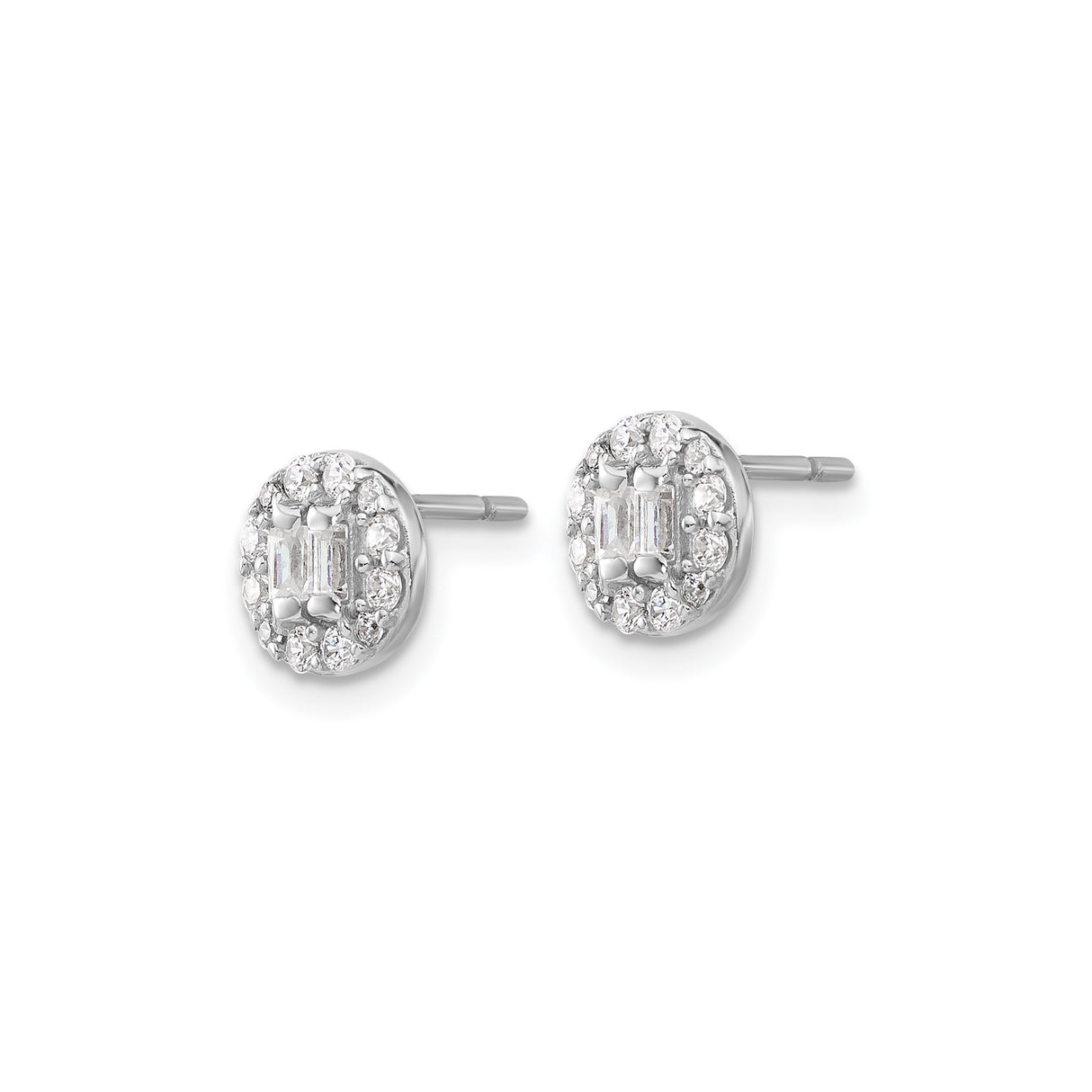 Sterling Silver Halo Stud Earrings with Round and Baguette Cubic Zirconia Cluster Design
