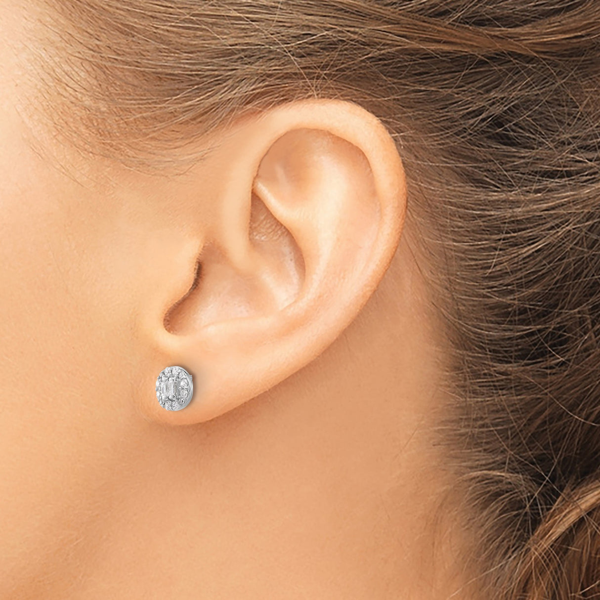 Sterling Silver Halo Stud Earrings with Round and Baguette Cubic Zirconia Cluster Design