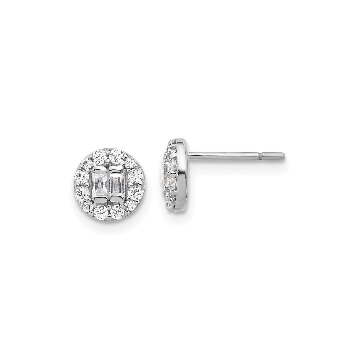 Sterling Silver Halo Stud Earrings with Round and Baguette Cubic Zirconia Cluster Design
