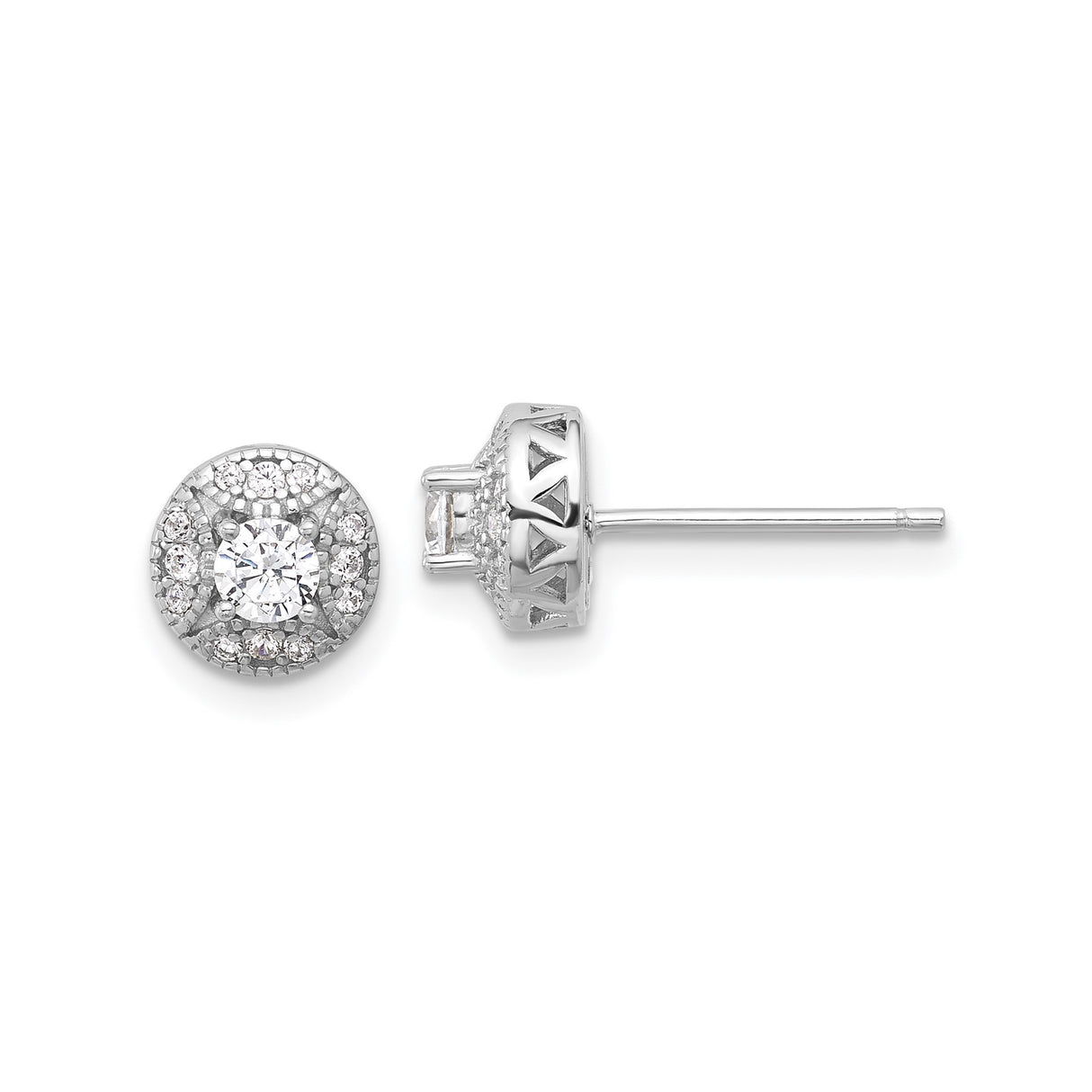 Sterling Silver Halo Stud Earrings with Round Cubic Zirconia Center