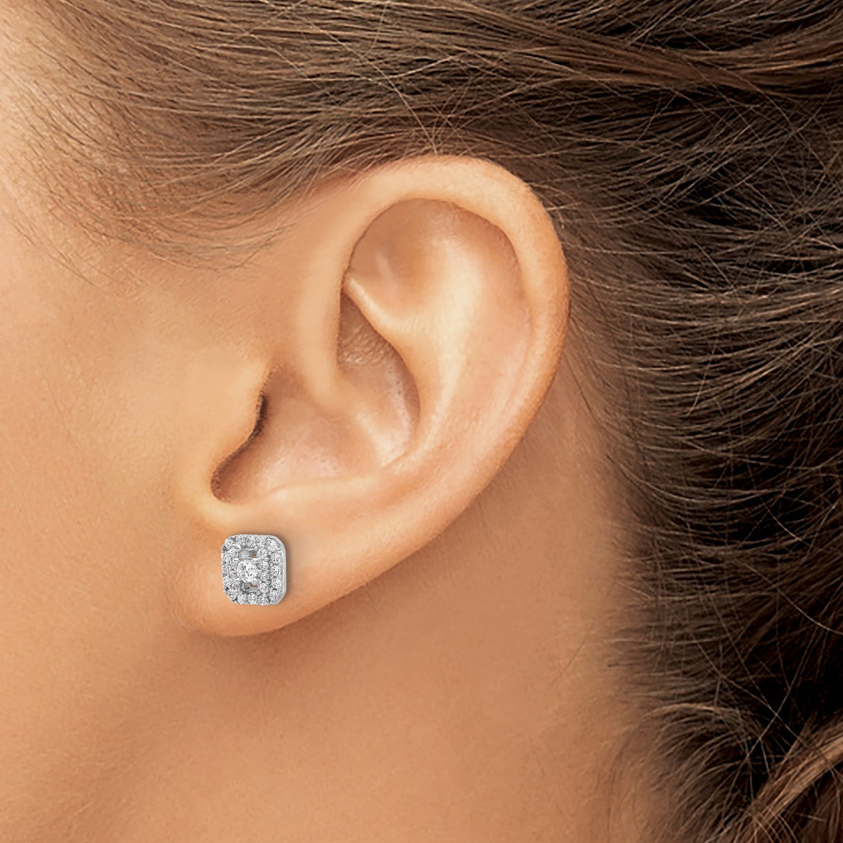 Sterling Silver Square Halo Stud Earrings with Clear Cubic Zirconia Stones for Women