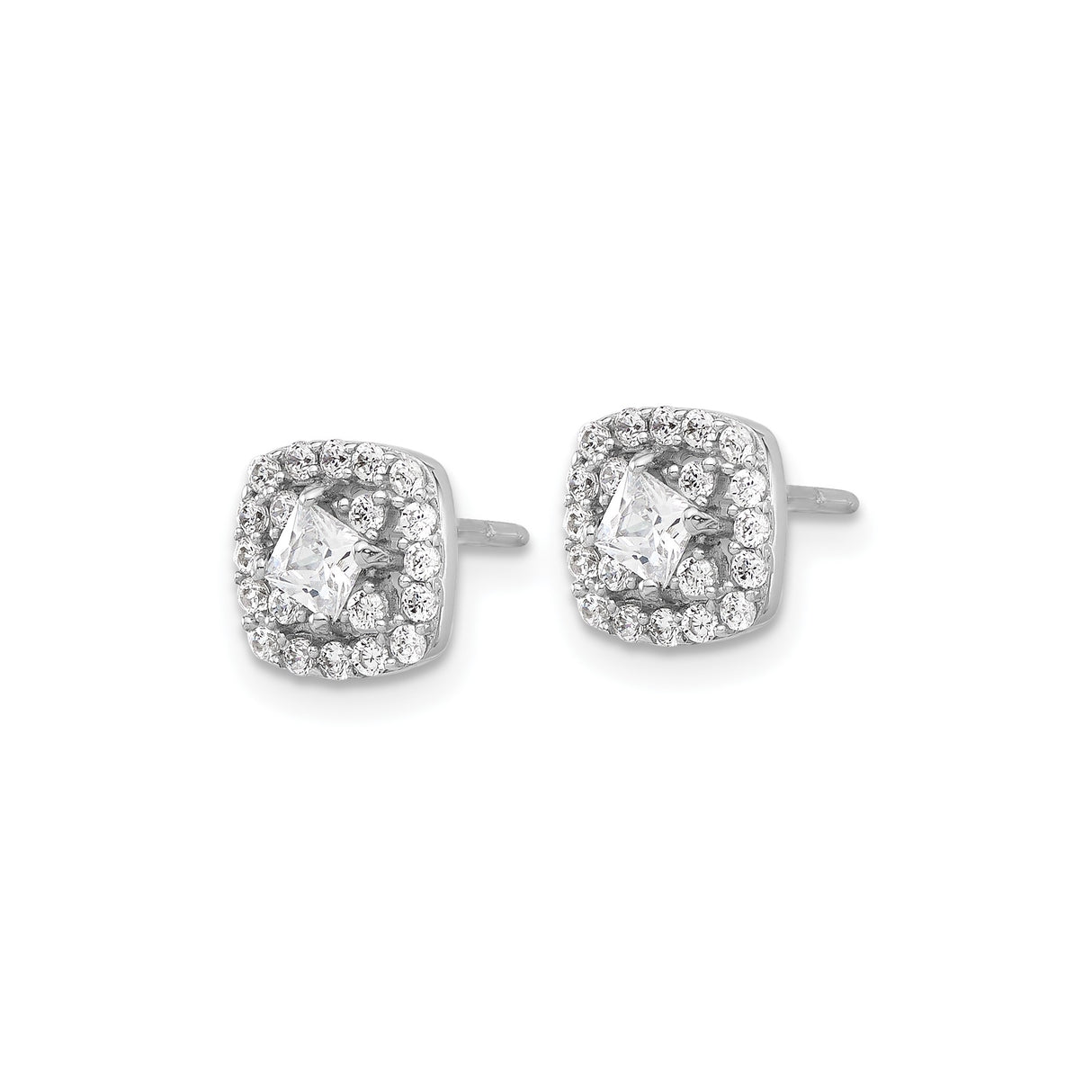 Sterling Silver Halo Stud Earrings with Cushion Cut Cubic Zirconia Center and Double Row Accents