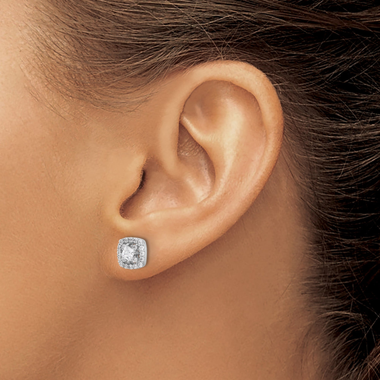 Sterling Silver Halo Stud Earrings with Cushion Cut Cubic Zirconia Center and Double Row Accents