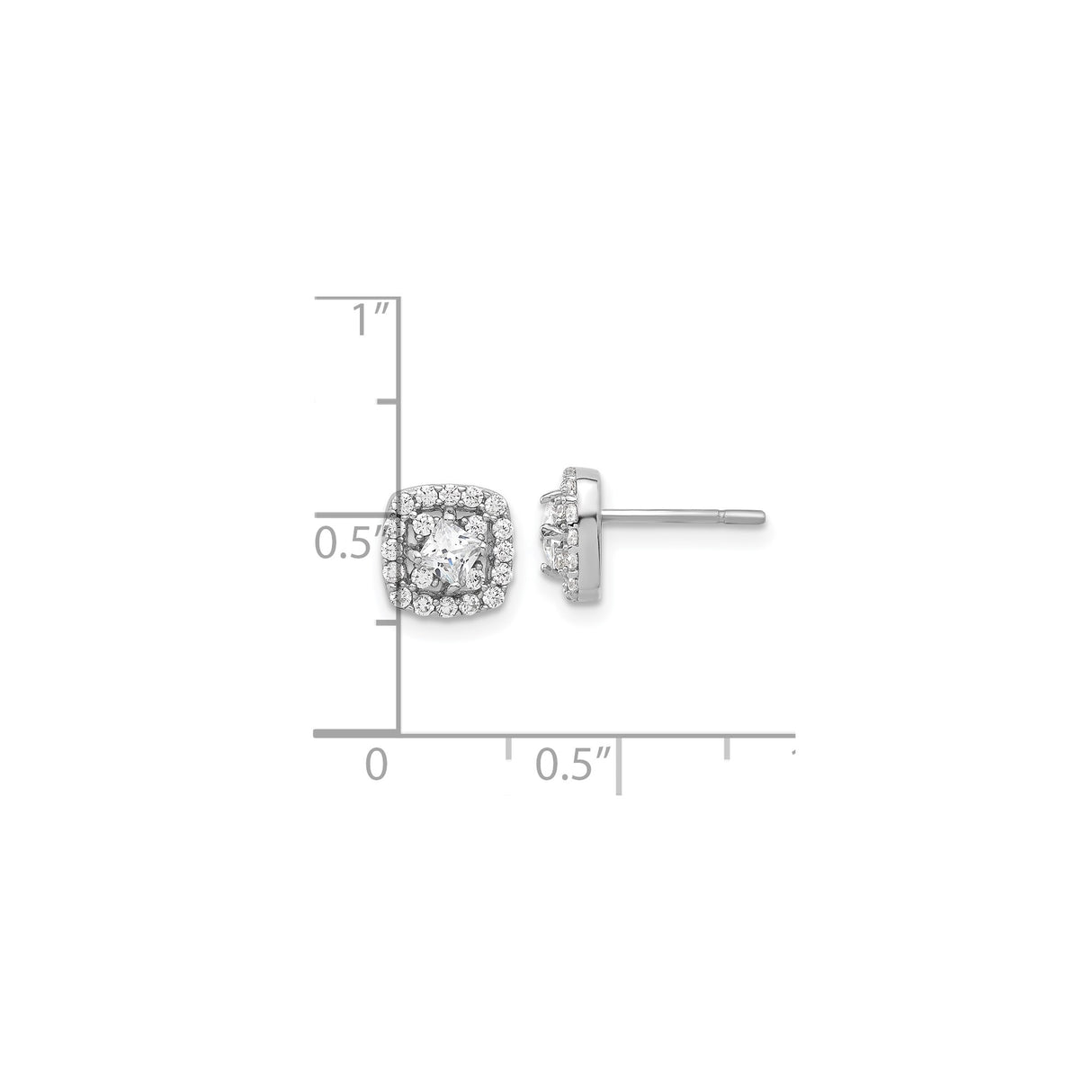 Sterling Silver Halo Stud Earrings with Cushion Cut Cubic Zirconia Center and Double Row Accents