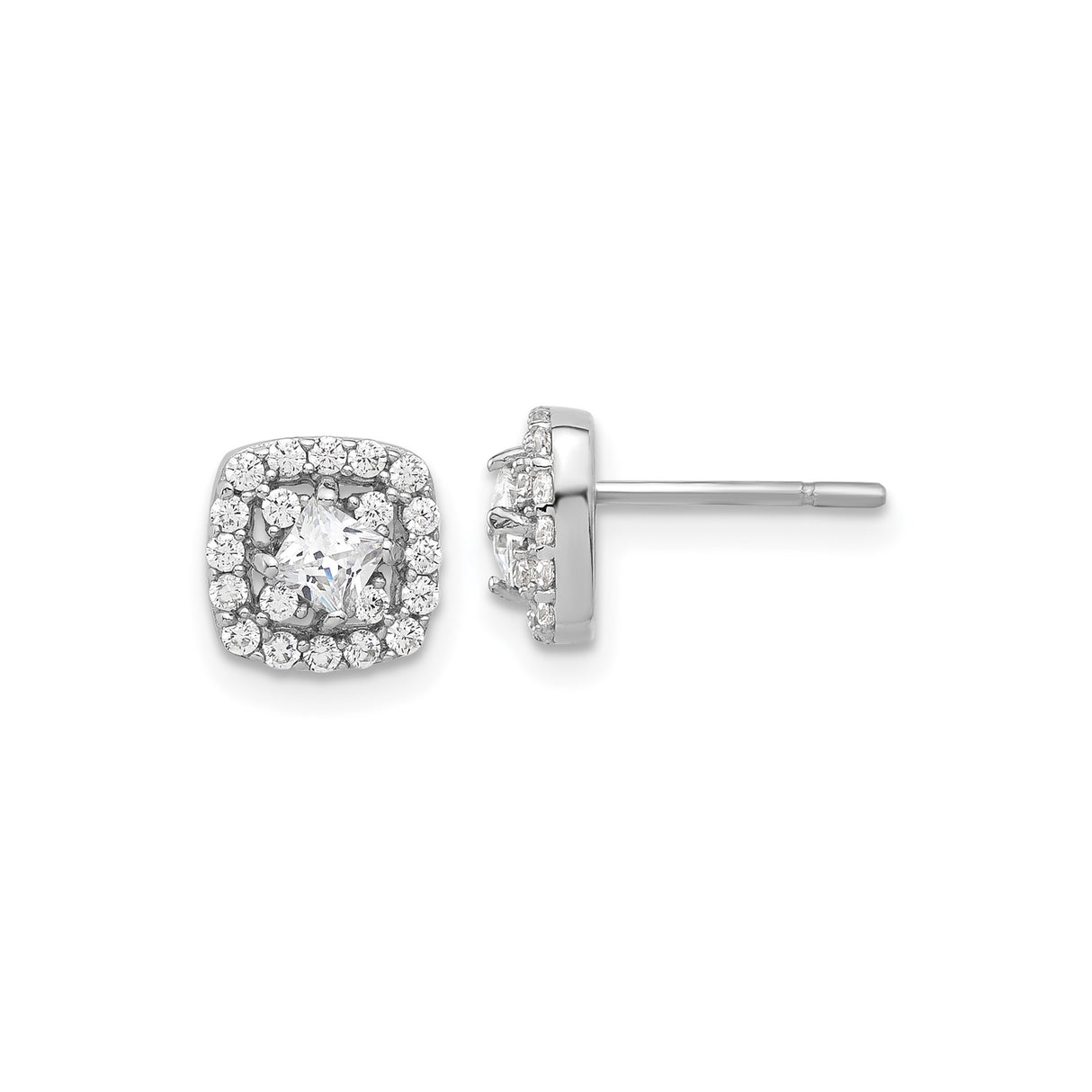 Sterling Silver Halo Stud Earrings with Cushion Cut Cubic Zirconia Center and Double Row Accents