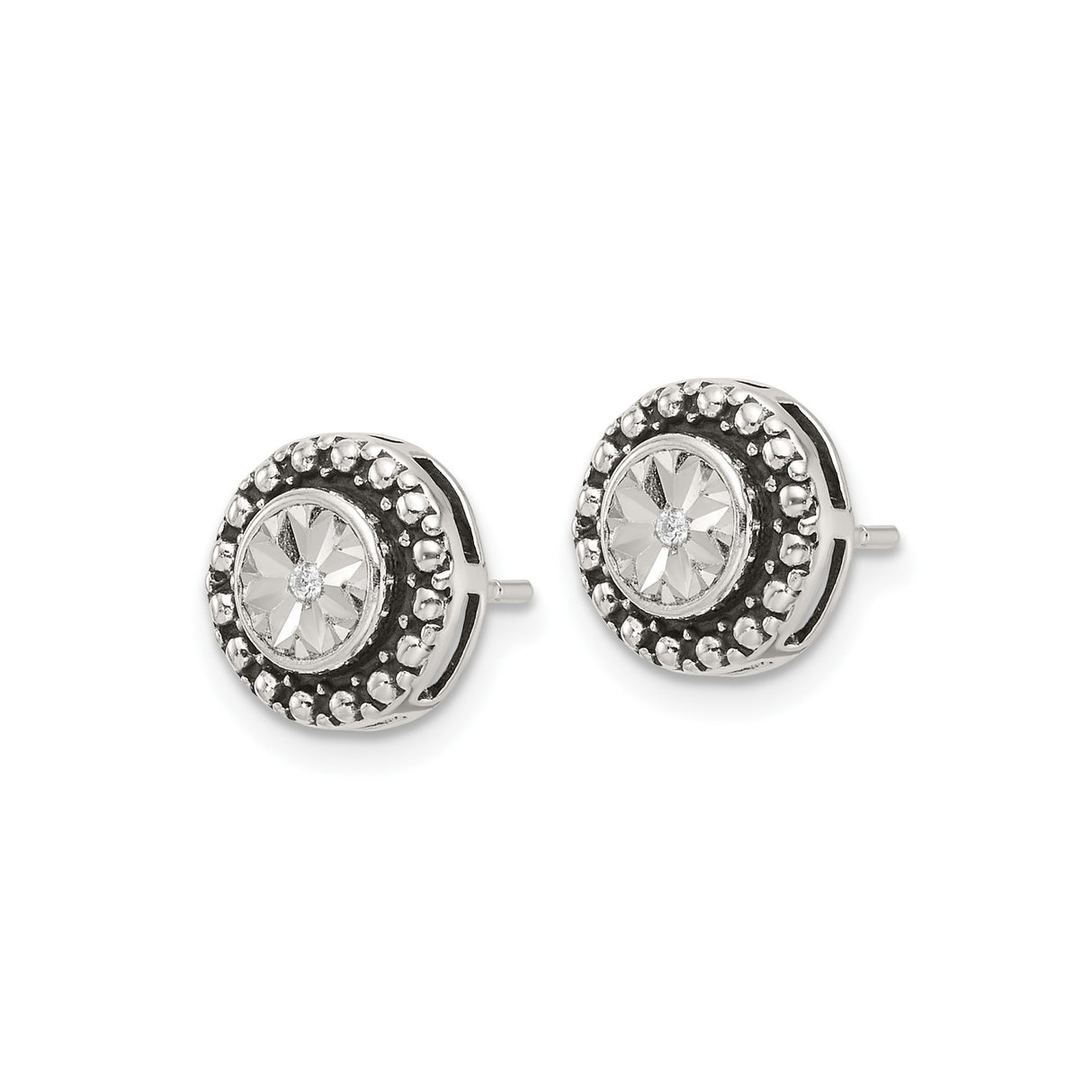 Sterling Silver Stud Earrings with Cubic Zirconia, Faceted Crystal Center and Beaded Halo Design