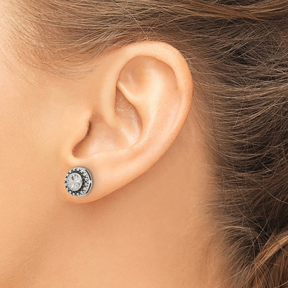 Sterling Silver Stud Earrings with Cubic Zirconia, Faceted Crystal Center and Beaded Halo Design