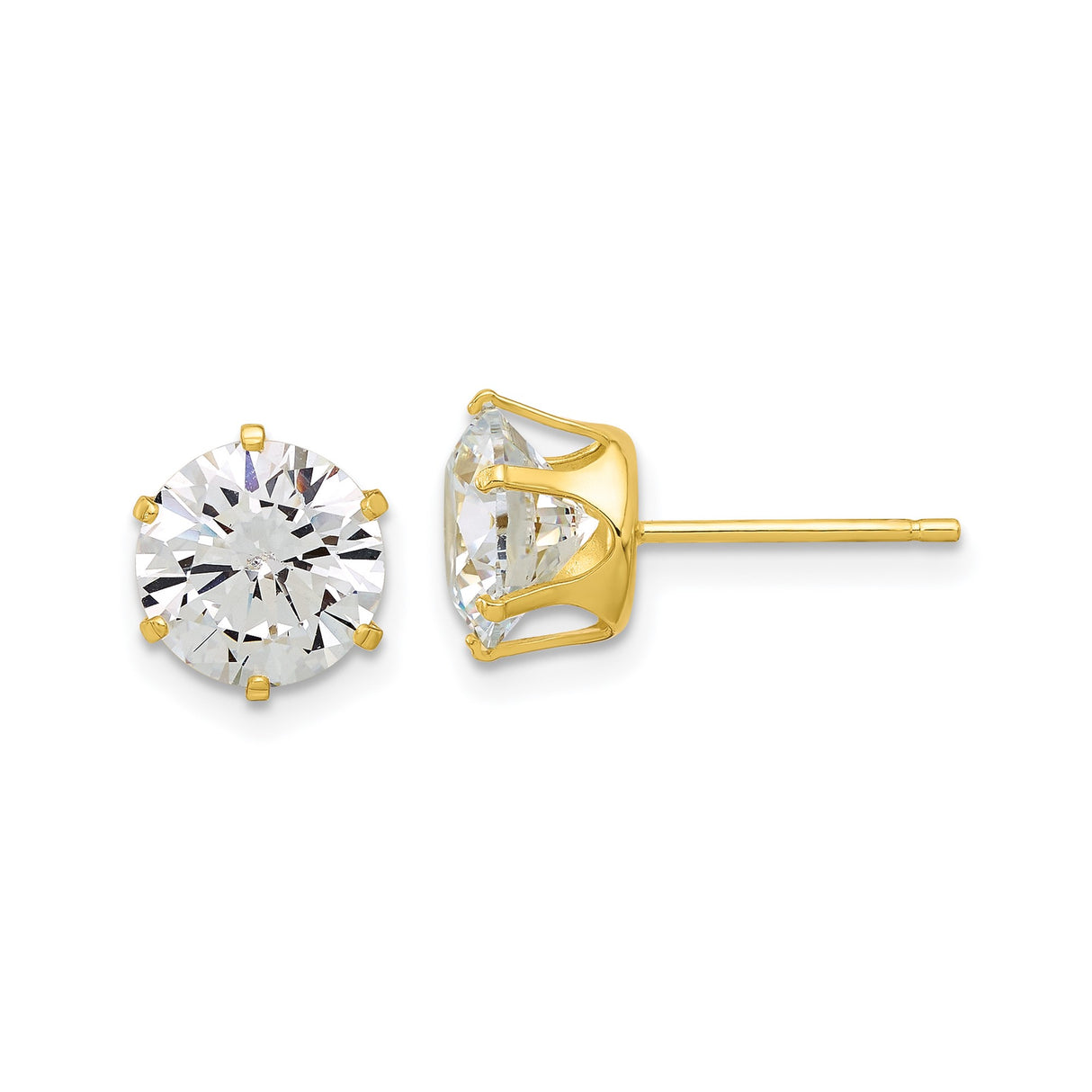 Sterling Silver Stud Earrings with Round Cut Cubic Zirconia, Gold Plated Solitaire Style