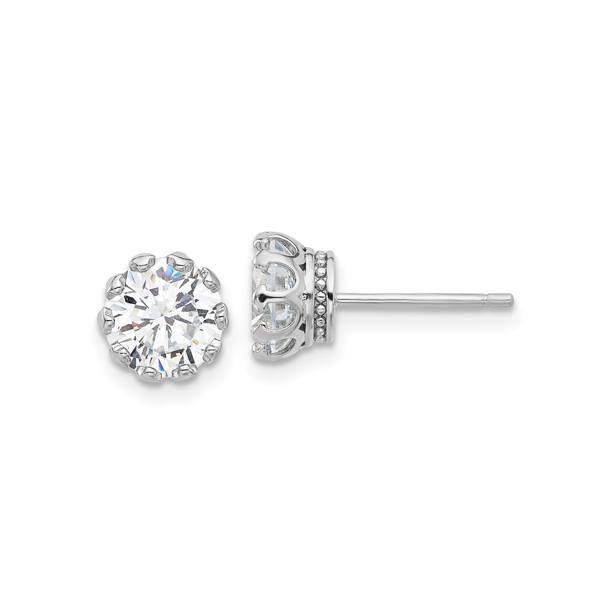 Sterling Silver Stud Earrings with Clear Cubic Zirconia in Crown Prong Setting