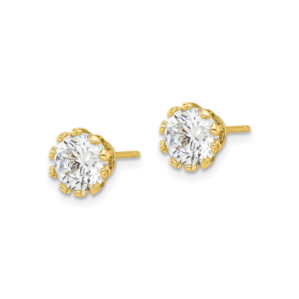 Sterling Silver Stud Earrings with Round Cut Cubic Zirconia in Crown Style Prong Setting
