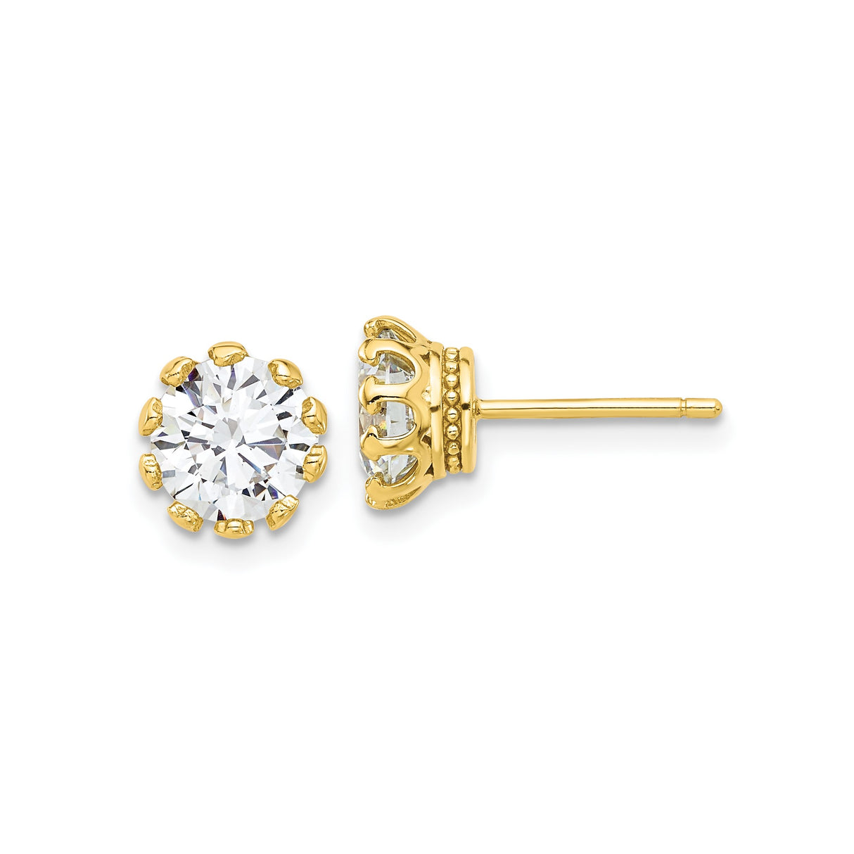 Sterling Silver Stud Earrings with Round Cut Cubic Zirconia in Crown Style Prong Setting