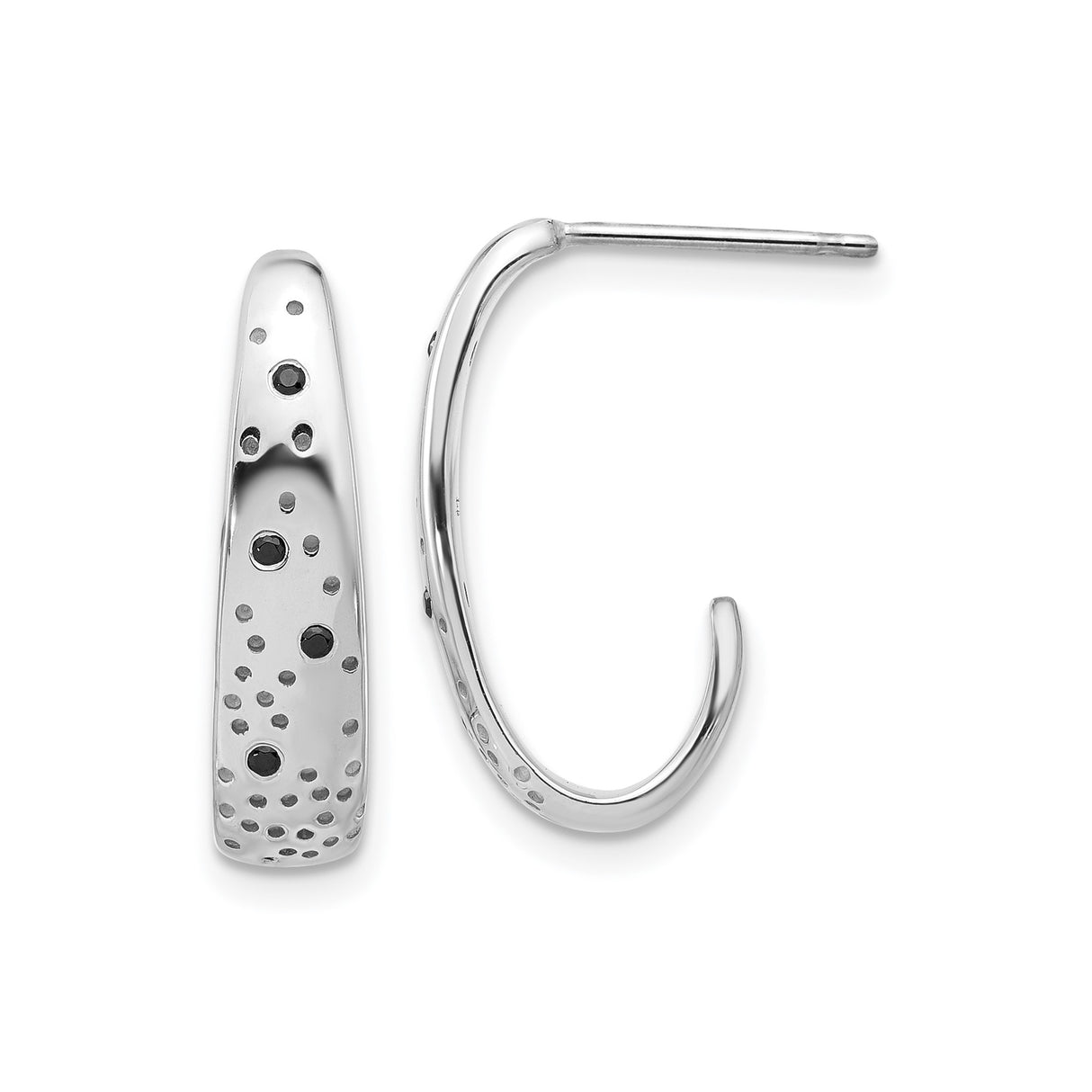 Sterling Silver Hoop Earrings with Black Cubic Zirconia, Tapered Lightweight Design