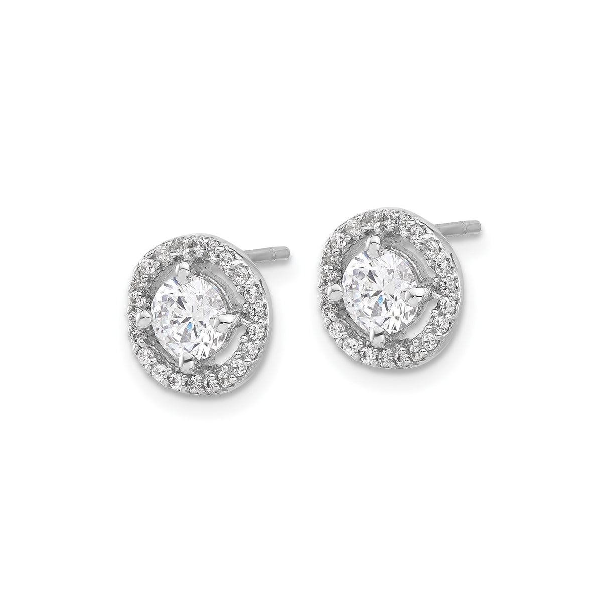 Sterling Silver Halo Stud Earrings with Cubic Zirconia Center and Pavé Accents