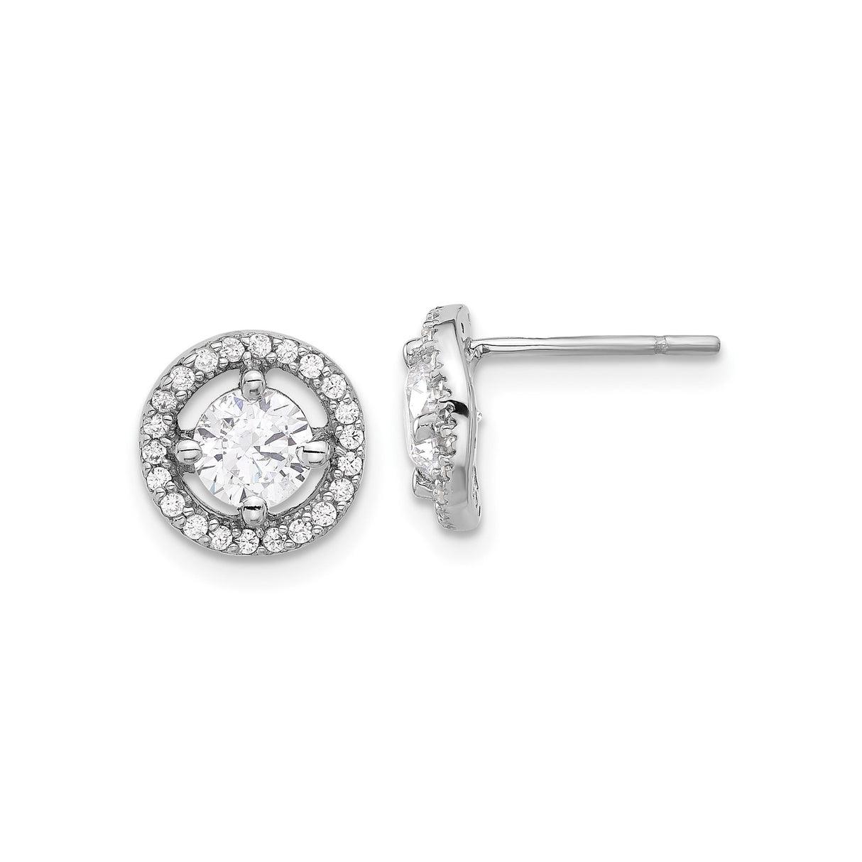 Sterling Silver Halo Stud Earrings with Cubic Zirconia Center and Pavé Accents