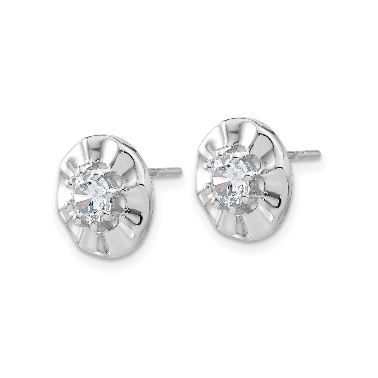 Sterling Silver Stud Earrings with Cubic Zirconia in Concave Floral Design