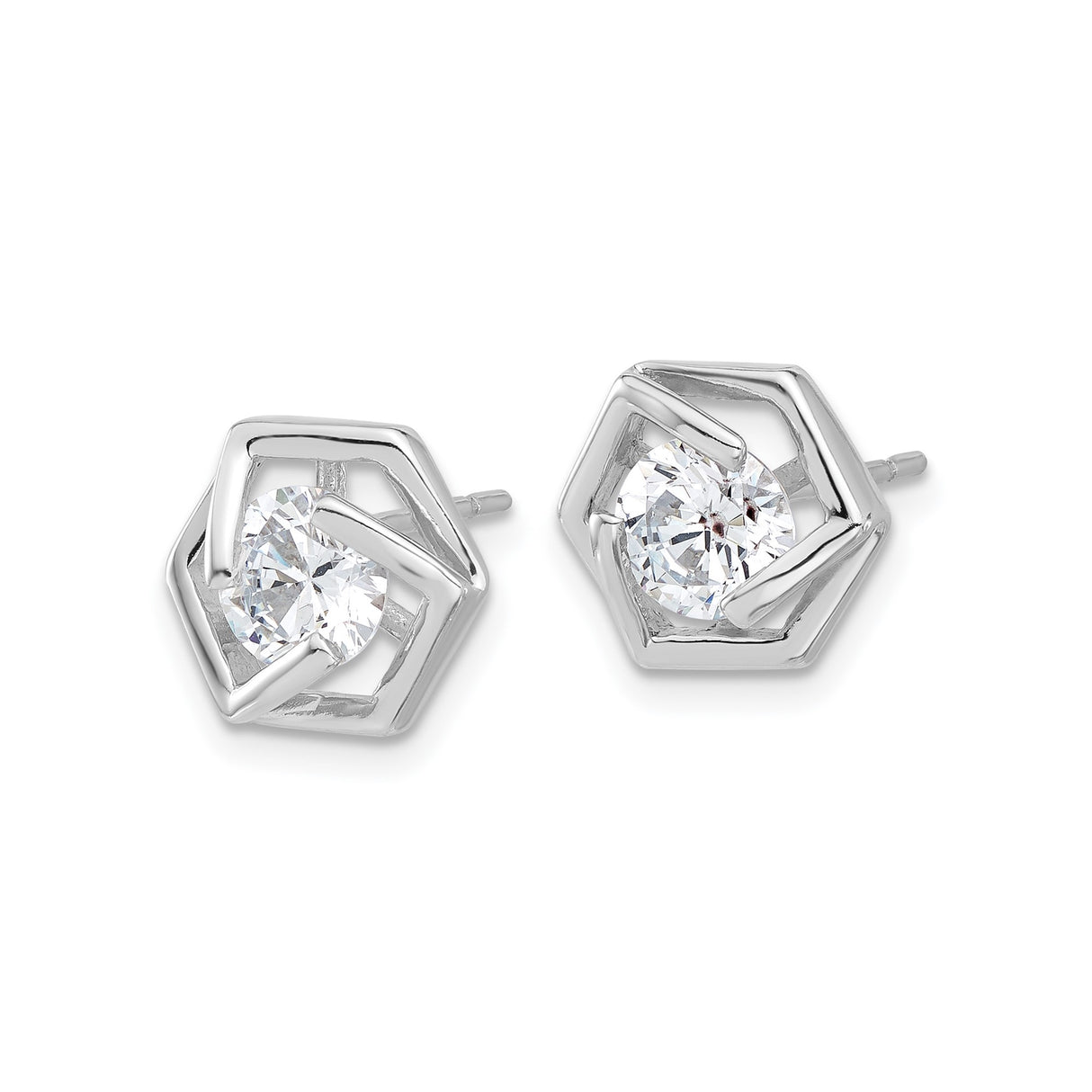 Sterling Silver Hexagon Stud Earrings with Cubic Zirconia, Modern Geometric Design