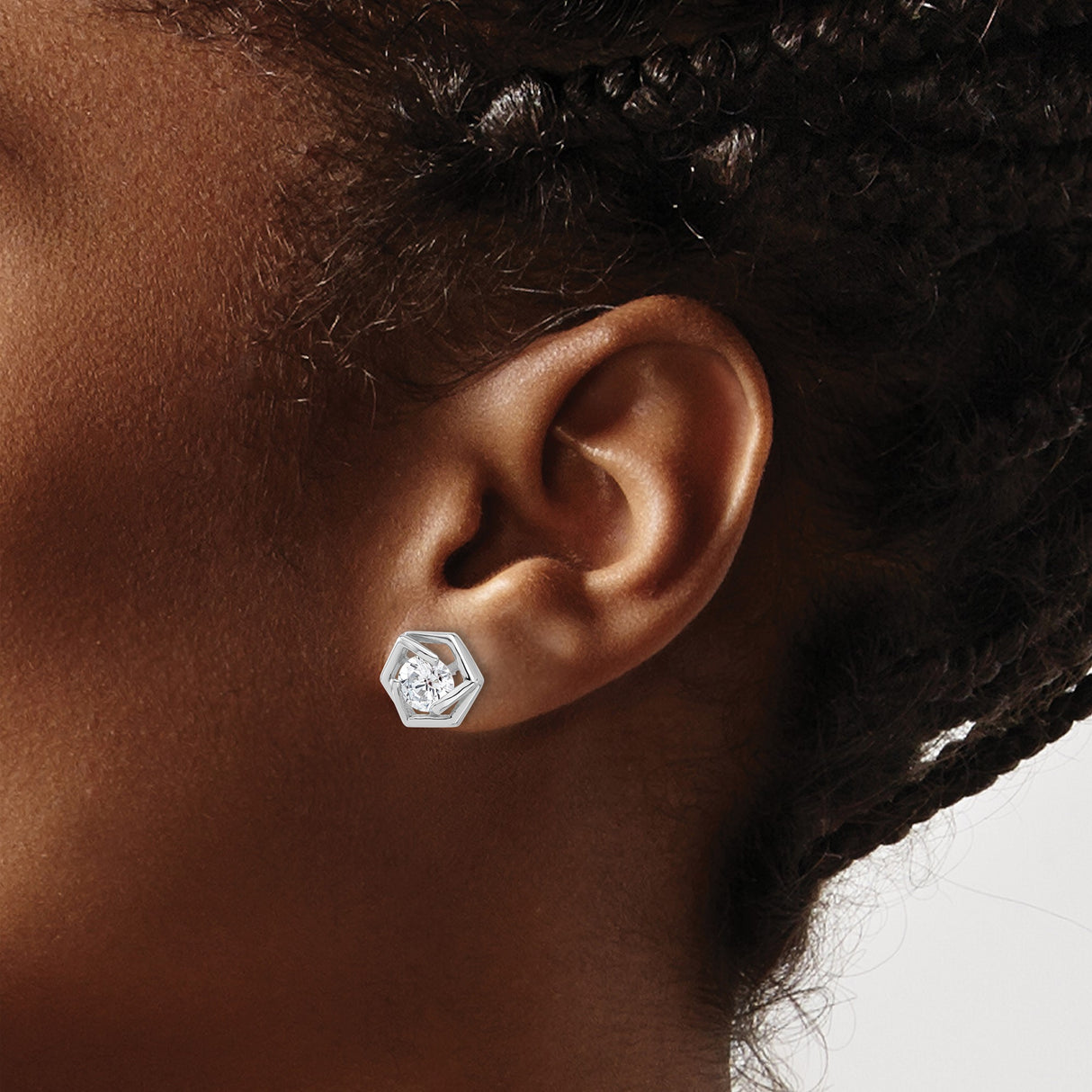 Sterling Silver Hexagon Stud Earrings with Cubic Zirconia, Modern Geometric Design