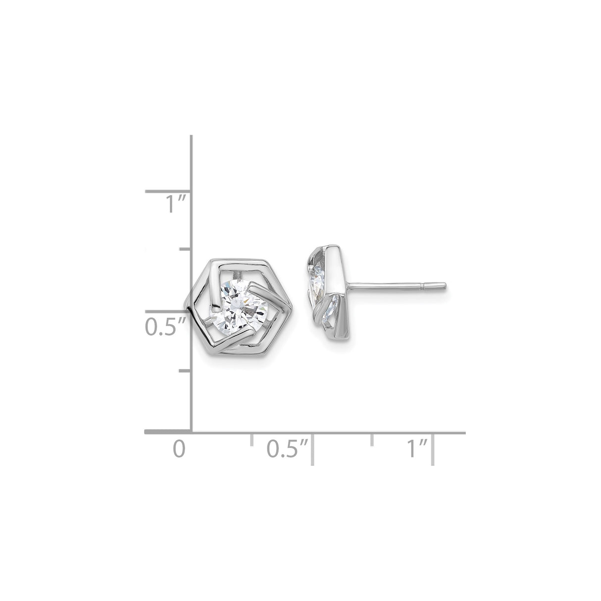 Sterling Silver Hexagon Stud Earrings with Cubic Zirconia, Modern Geometric Design