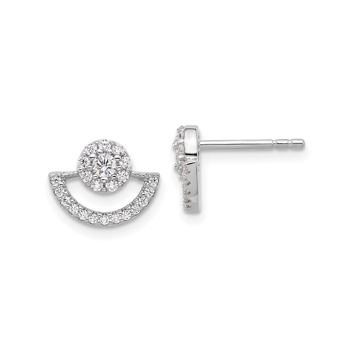 Sterling Silver Stud Earrings with Cubic Zirconia, Open Crescent Halo Design