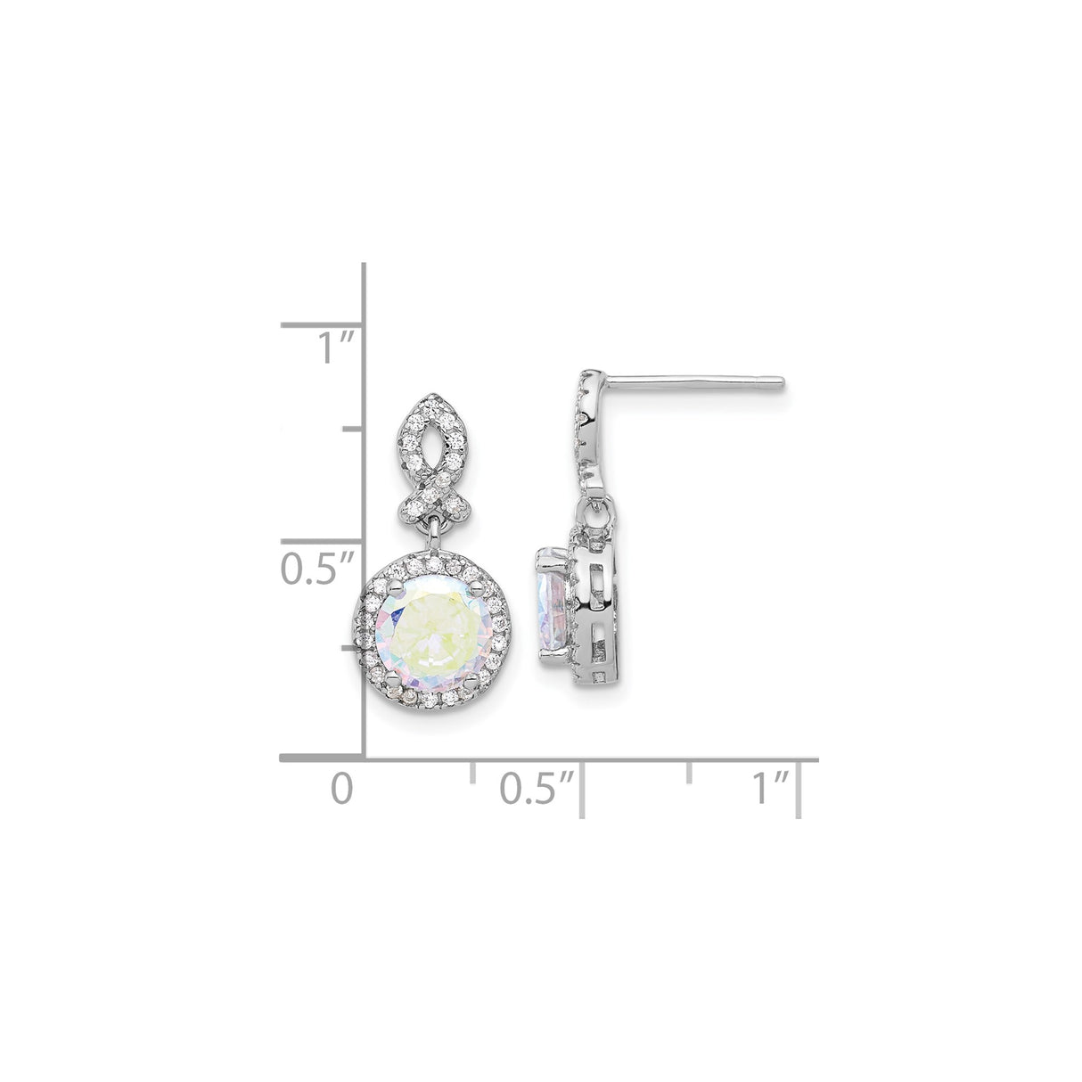 Sterling Silver Dangle Earrings with Iridescent Center Cubic Zirconia, Infinity Drop Design