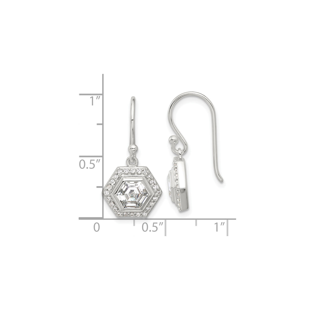 Sterling Silver Drop Earrings with Hexagon Cubic Zirconia Center and Halo Design