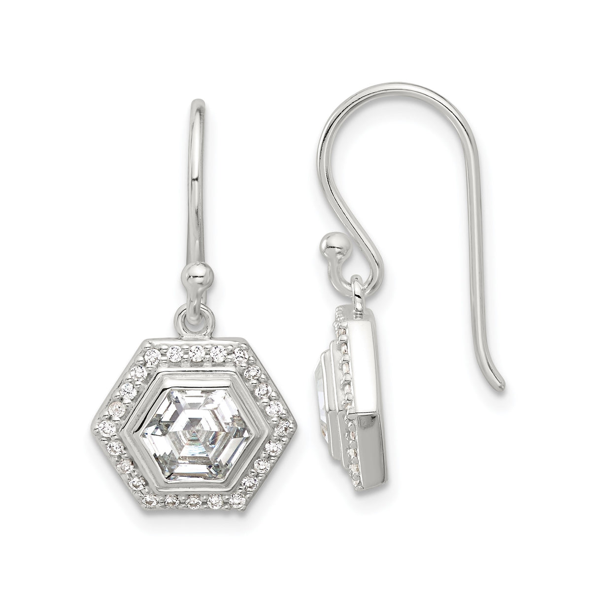 Sterling Silver Drop Earrings with Hexagon Cubic Zirconia Center and Halo Design