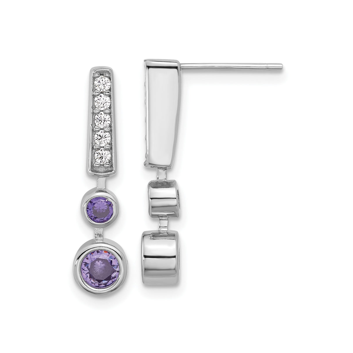 Sterling Silver Dangle Earrings with Amethyst and Cubic Zirconia, Modern Vertical Drop Design