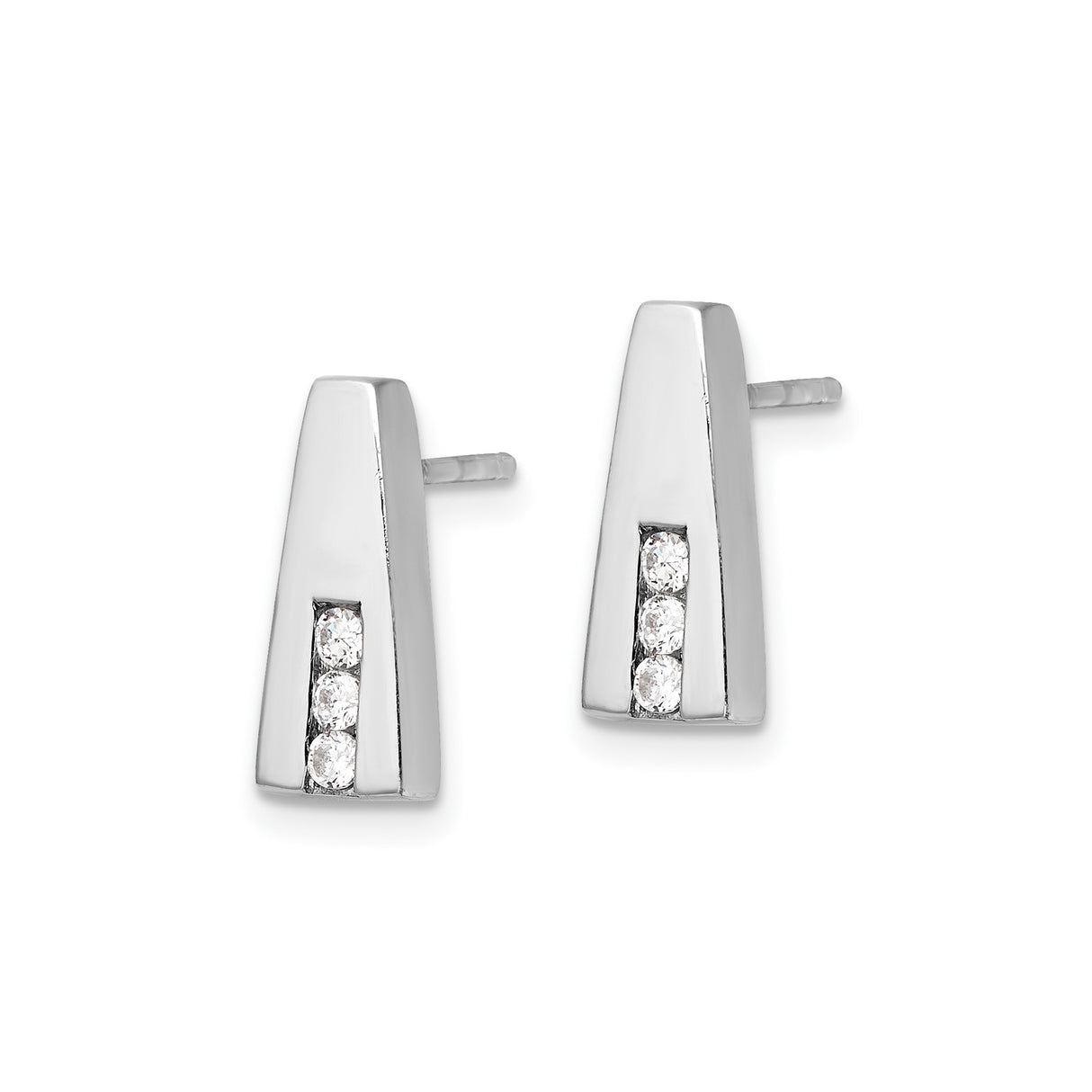 Sterling Silver Bar Earrings with Three Round Cubic Zirconia, Tapered Vertical Design