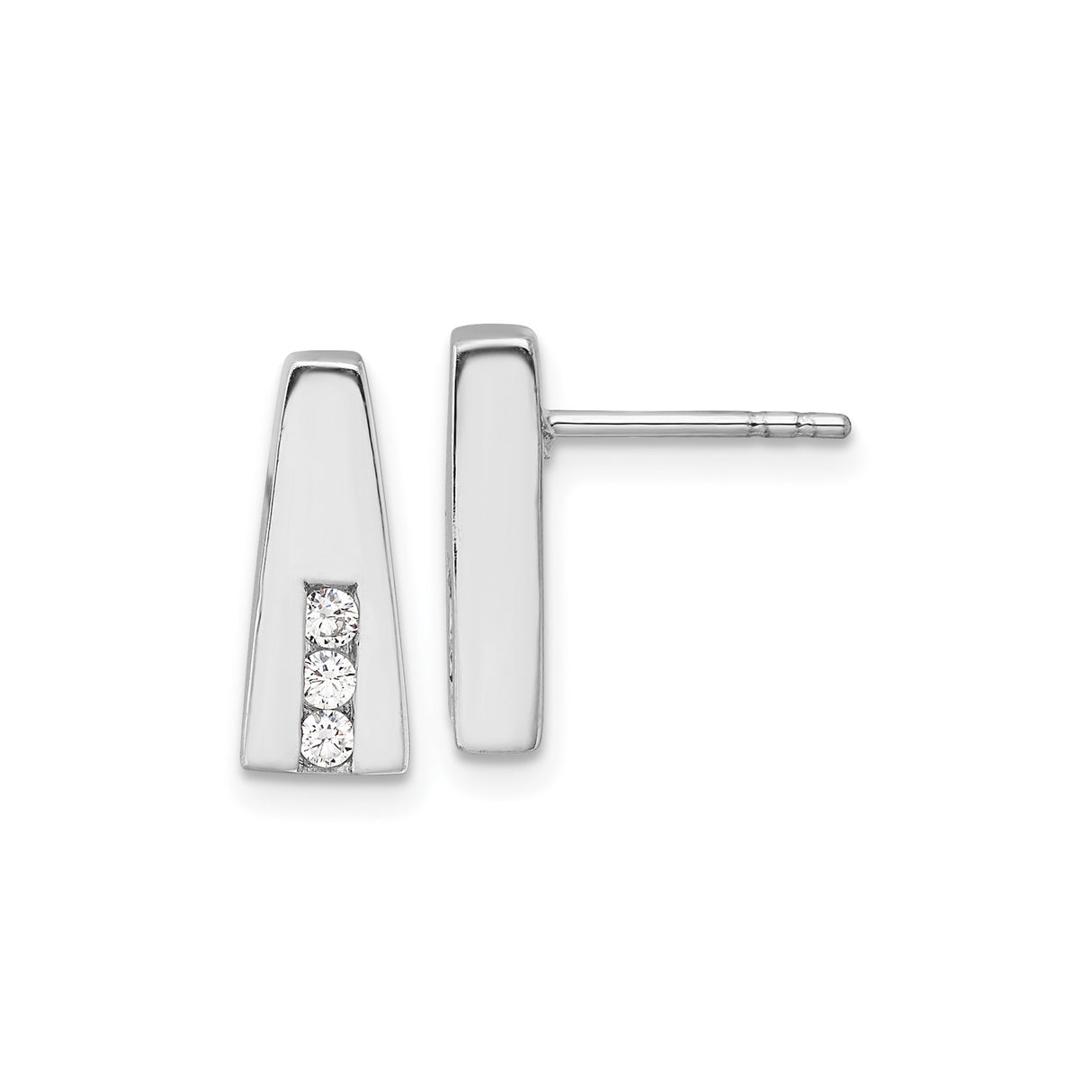 Sterling Silver Bar Earrings with Three Round Cubic Zirconia, Tapered Vertical Design