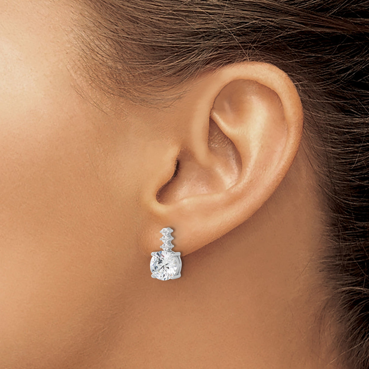 Sterling Silver Drop Earrings with Three Cubic Zirconia Stones in Vertical Dangle Design