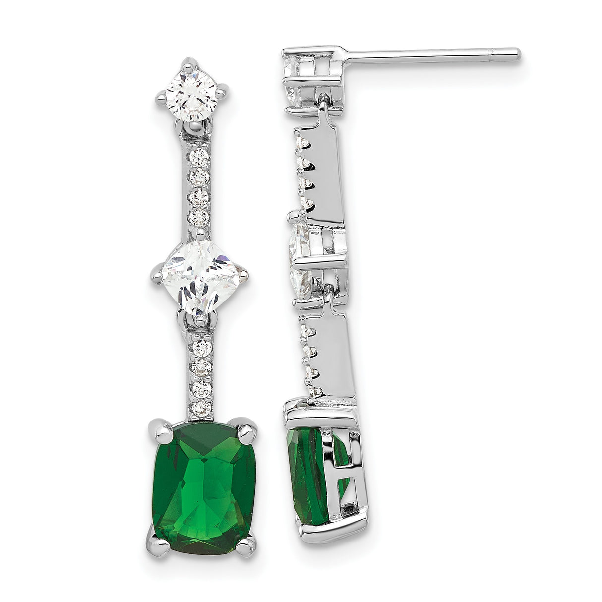 Sterling Silver Dangle Earrings with Green Cushion Cut Cubic Zirconia, Vertical Drop Design