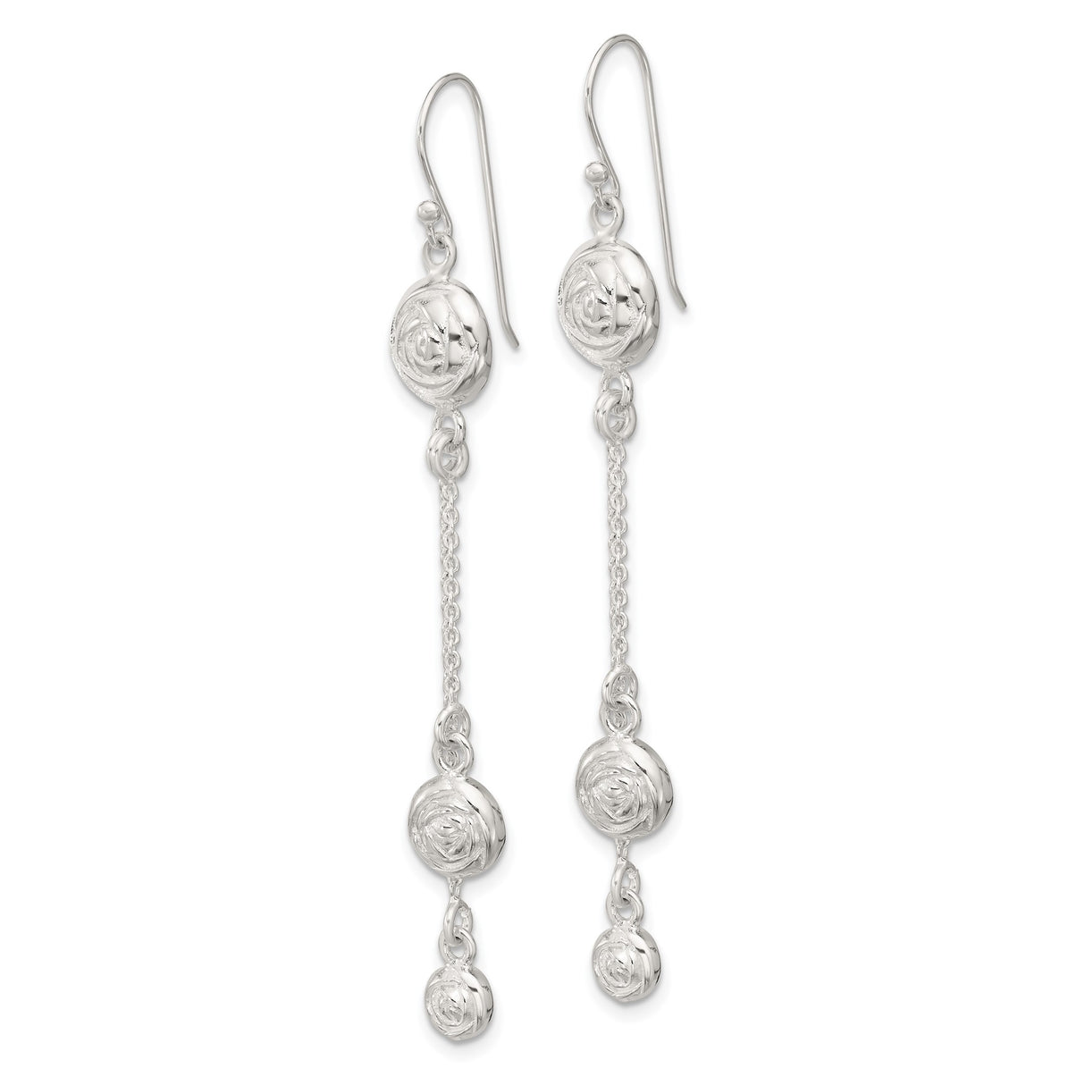 Sterling Silver Dangle Earrings with Delicate Chain Drops and Swirl Floral Discs