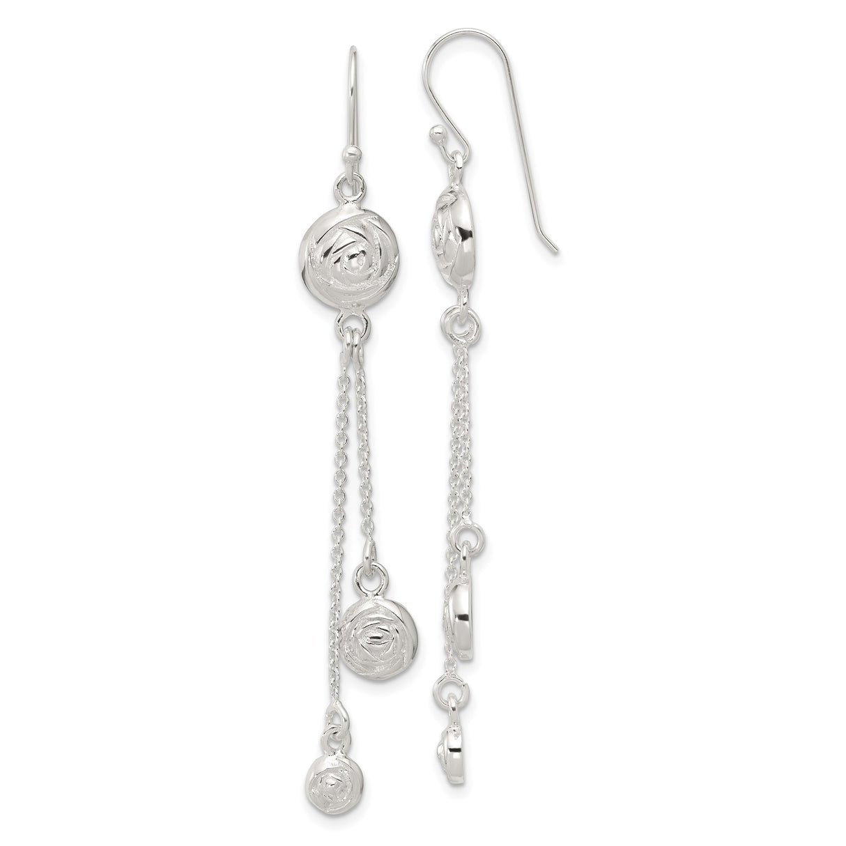 Sterling Silver Dangle Earrings with Delicate Chain Drops and Swirl Floral Discs