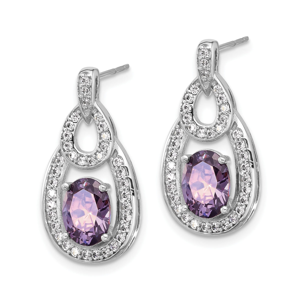 Sterling Silver Dangle Earrings with Oval Amethyst and Cubic Zirconia Teardrop Design