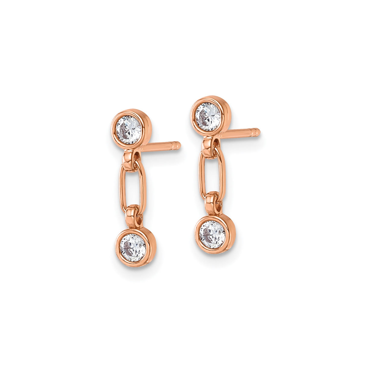 Sterling Silver Drop Chain Earrings with Cubic Zirconia, Rose Gold Plated, Minimalist Linear Design