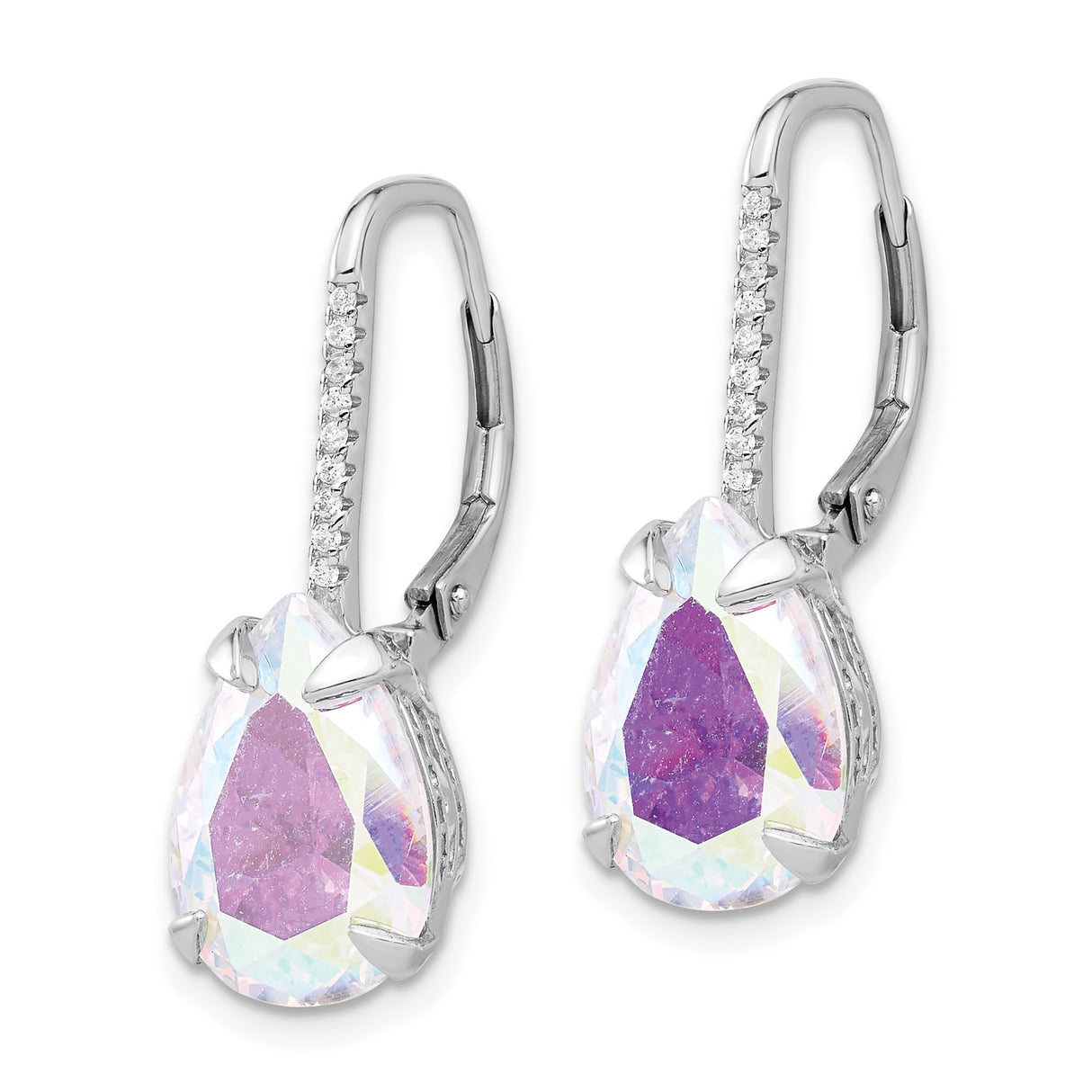 Sterling Silver Drop Earrings with Pear Shaped Multicolor Cubic Zirconia, Leverback Design