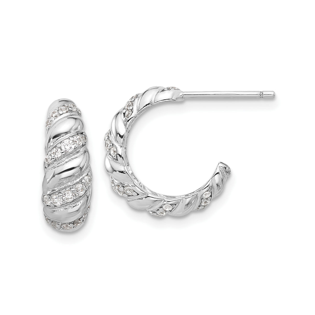 Sterling Silver Hoop Earrings with Cubic Zirconia, Twisted Rope Design, Post Backs
