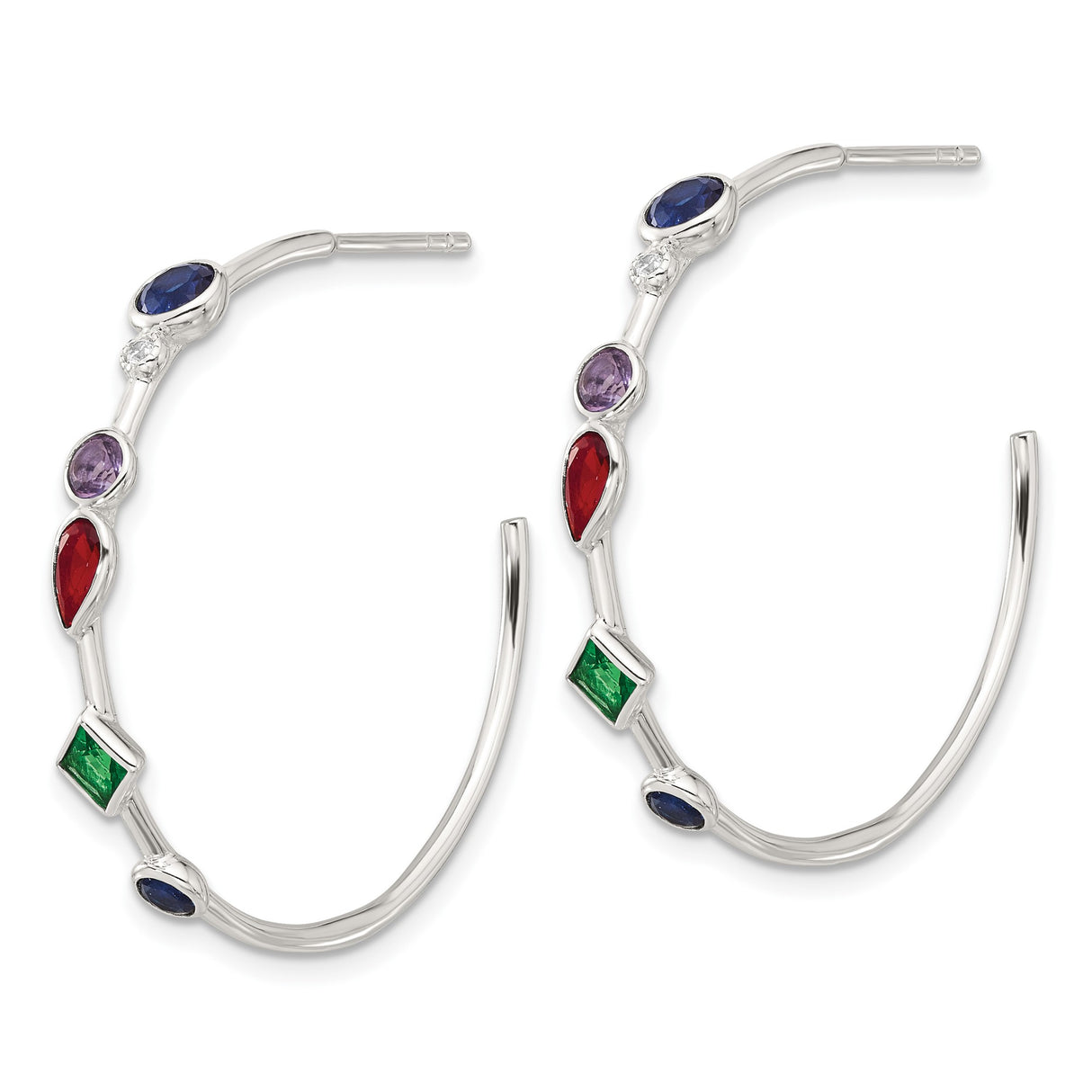 Sterling Silver Hoop Earrings with Cubic Zirconia, Multicolor Shapes, Modern Dangle Style