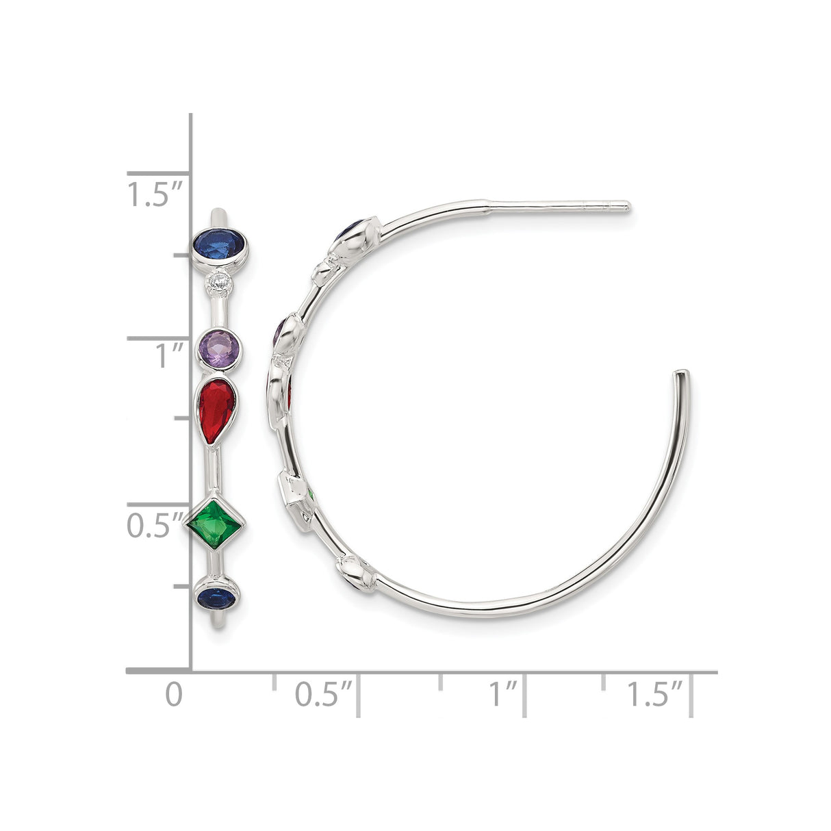Sterling Silver Hoop Earrings with Cubic Zirconia, Multicolor Shapes, Modern Dangle Style