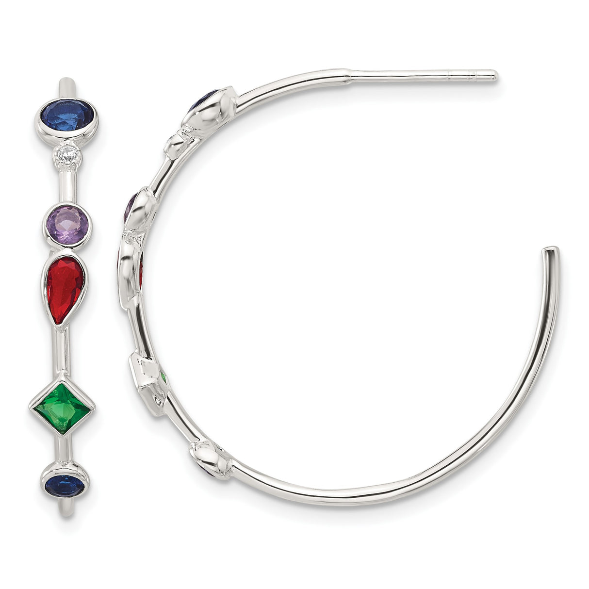 Sterling Silver Hoop Earrings with Cubic Zirconia, Multicolor Shapes, Modern Dangle Style