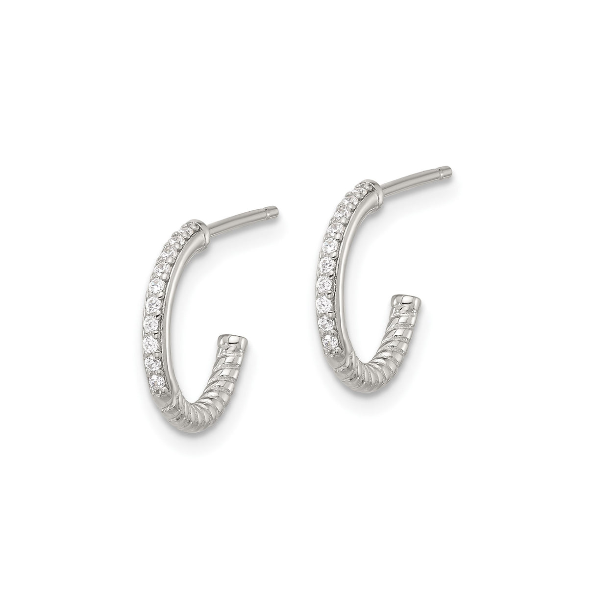 Sterling Silver Hoop Earrings with Cubic Zirconia, Twisted Rope Design, Half-Round Style