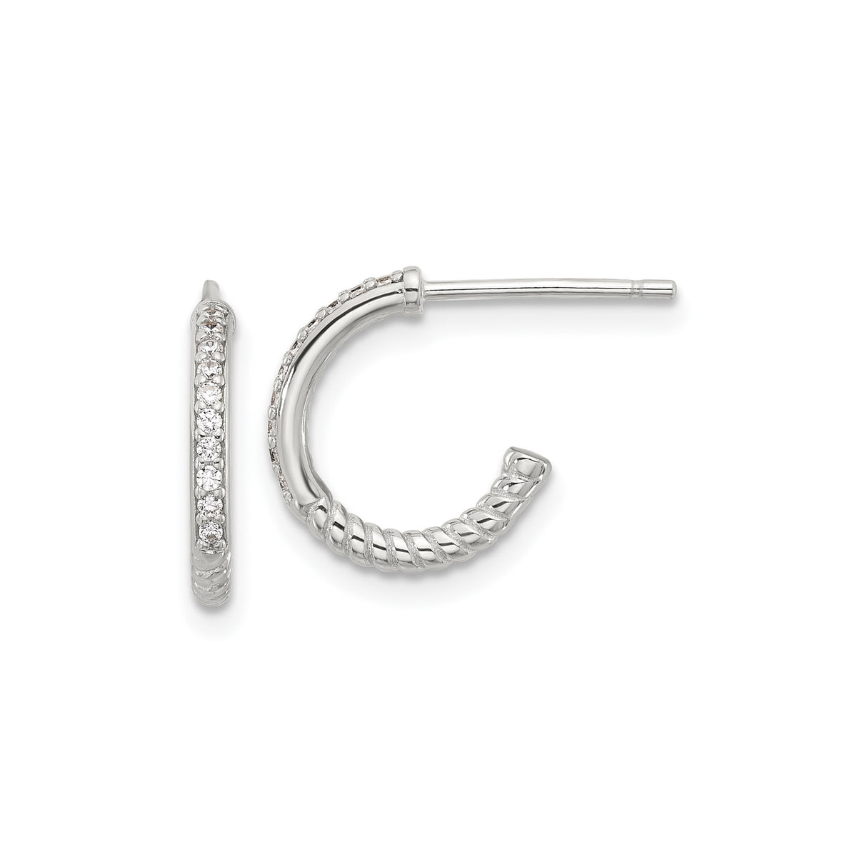 Sterling Silver Hoop Earrings with Cubic Zirconia, Twisted Rope Design, Half-Round Style